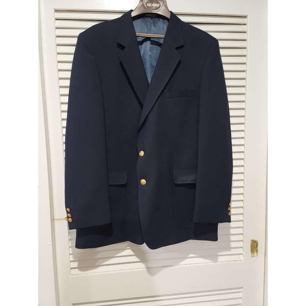 Vtg Sears Navy Blue Perma-Prest Polyester Sport Coat Jacket Blazer Men’s 46L
